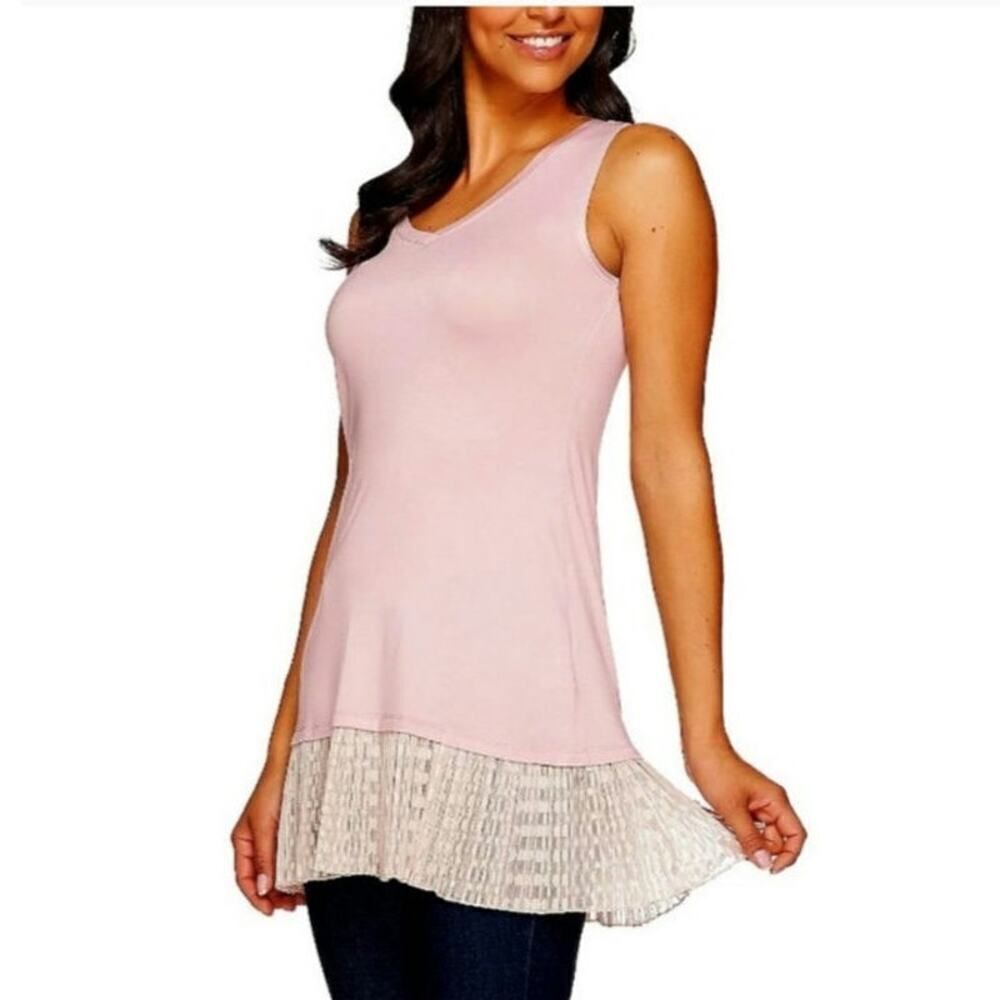 LOGO by Lori Goldstein Knit Tank w/ Broomstick Mesh Polka-Dot Trim Size XS